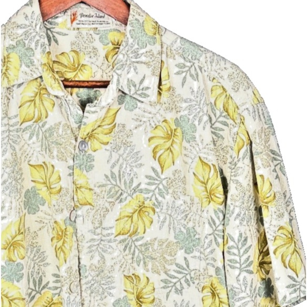 Paradise Island Hawaiian Shirt Mens Large Beige Yellow Floral Palm Leaf Cotton